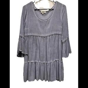 Umgee Womens 1/2th Bell-Sleeve Peasant Top Blue-Gray Tiered Casual Ruffled Sz S